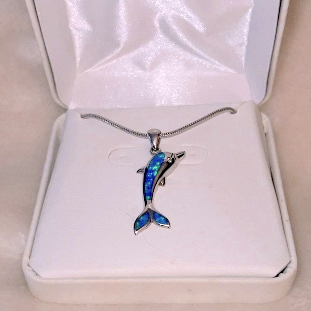 NWOT 🐬 16-18” STAMPED .925 SILVER AUSTRALIAN OPAL PENDANT SNAKE CHAIN NECKLACE - Picture 5 of 8